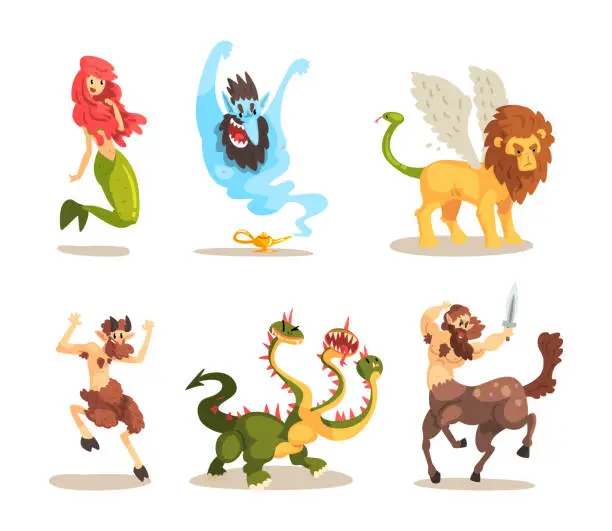 Vector illustration of Various Magical Mythical Creatures with Mermaid, Centaur, Faun, Fire Breathing Dragon, Jinn from Lamp and Griffin Vector Set