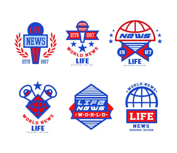 Vector illustration of World Life News Logo or Social Mass Media Emblems and Live News Badges Vector Set