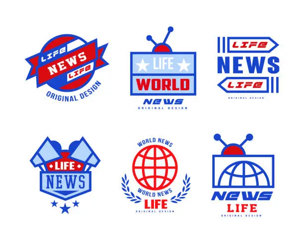 Vector illustration of World Life News Logo or Social Mass Media Emblems and Live News Badges Vector Set