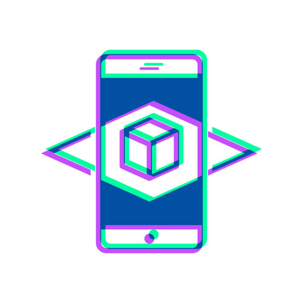 Augmented reality with smartphone. Icon with two color overlay on white background Icon of "Augmented reality with smartphone" in trendy colorful style on blank background. Purple and green are overlapped to create a modern visual effect, looking like anaglyph images. The combination of purple and green in this illustration creates a predominantly dark blue icon. Vector Illustration (EPS file, well layered and grouped). Easy to edit, manipulate, resize or colorize. Vector and Jpeg file of different sizes. 360-camera-white-background stock illustrations