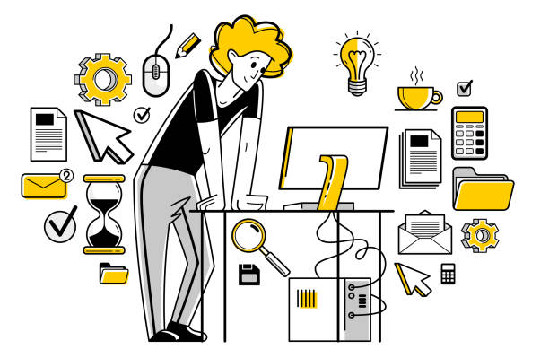 Intellectual worker making analysis of some data on pc or web, data systematization, collecting and analyzing information, vector outline illustration. Intellectual worker making analysis of some data on pc or web, data systematization, collecting and analyzing information, vector outline illustration. free chore backgrounds stock illustrations