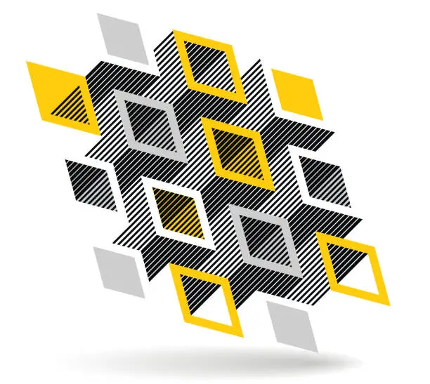 Vector illustration of Black and yellow geometric vector abstract background with cubes and shapes, isometric 3D abstraction art displaying city buildings forms look like, op art optical illusion.