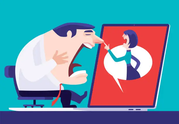 Vector illustration of businessman screaming when video chatting with angry woman on laptop