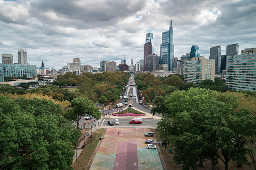 Philadelphia, Pennsylvania - September 29, 2019: Benjamin Franklin Pkwy and Cityscape of Philadelphia, Pennsylvania, USA.
