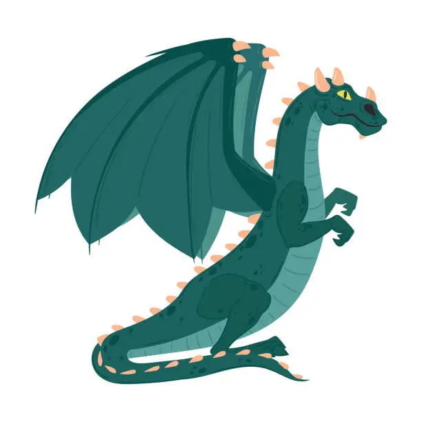 Vector illustration of Cartoon dragon. Cute fantasy reptile, green winged dragon. Fairy tale fire breathing dragon flat vector illustration
