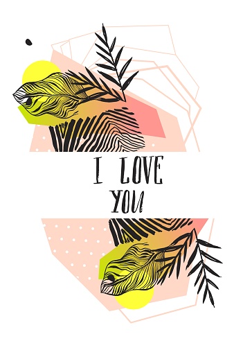 Hand made vector abstract graphic Valentines day card template with tropical tribal palm leaf motif in pink and green pastel colors, with handwritten modern calligraphy I love you isolated on white.