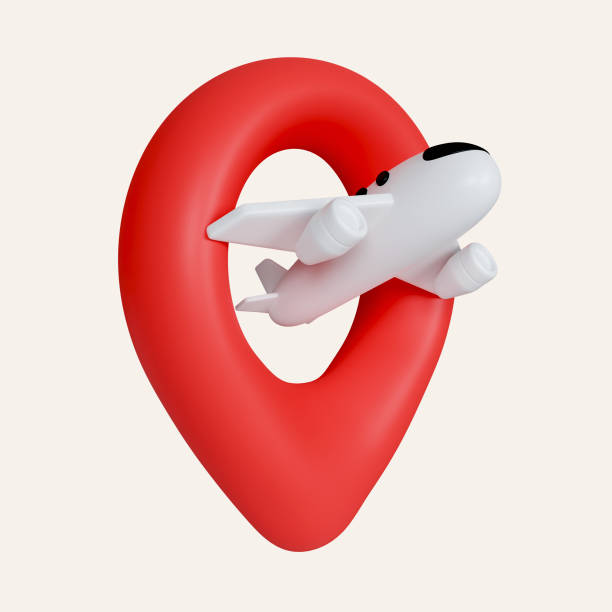 istock 3D location pin and An airplane traveling concept Render Illustrations, icon isolated on white background. 3d rendering illustration. Clipping path. 1500290586