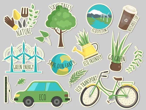 Vector illustration of Ecology stickers. Collection of ecology stickers with slogans. Love our earth, save energy. Eco labels. Care for nature