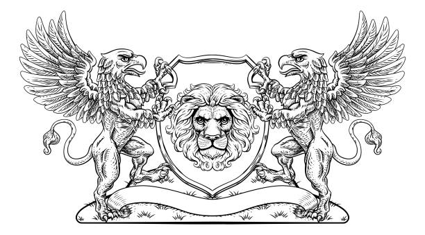 A crest coat of arms family shield seal featuring two griffins or griffons and lion