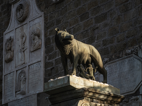Capitoline Wolf or Loba Capitolina bronze statue in Rome Italy The famous statue depicts the founders of Rome Romulus and Remus being fed by a she-wolf. This is the replica that is at Piazza del Campidoglio