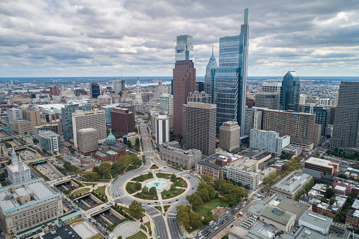 Top View of Downtown Skyline Philadelphia USA and City Hall. Skyline of Philadelphia City Center, Pennsylvania. Business Financial District and Skyscrapers in Background. Drone Point of View.