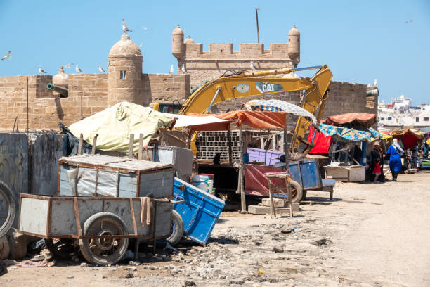 Sqala du Port d'Essaouira in Marrakesh-Safi, Morocco The historic port of Essaouira built by the Portuguese and known as Sqala du Port d'Essaouira in Marrakesh-Safi, Morocco, with people visible in the distance. marrakesh safi photos stock pictures, royalty-free photos & images