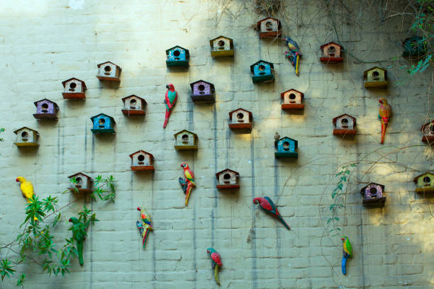 Bird houses with colorful parrots made of wood on a brick wall stock photo