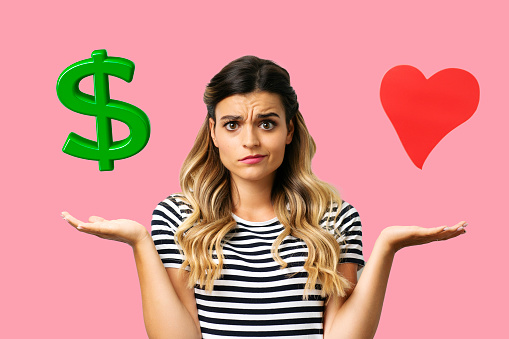 Money or love, woman choosing between career or couple relationship