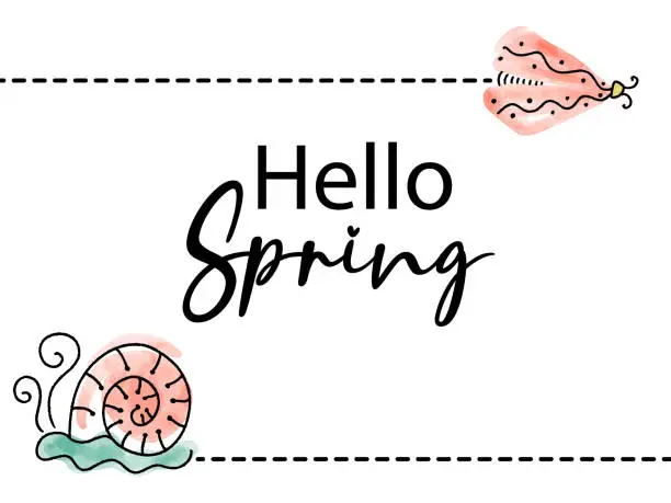 Vector illustration of Hello Spring Cute Snail and Moth Vector Card Template