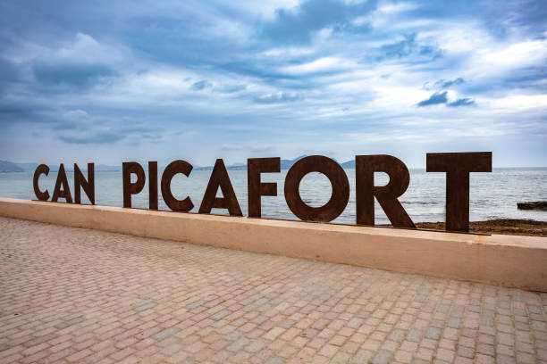 Signpost on promenade. Can Picafort Beach. Balearic Islands Mallorca Spain.