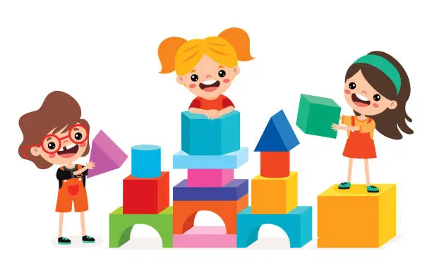 Vector illustration of Kids Playing With Building Blocks