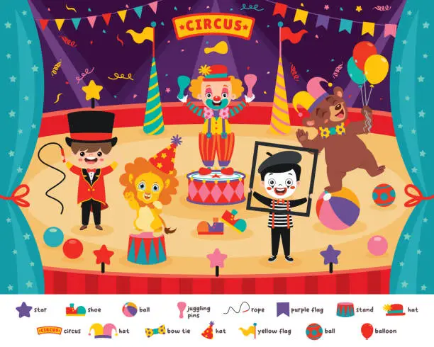 Vector illustration of Circus Scene With Cartoon Characters