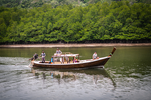 Tourists are on a long-tailed boat taking a tour of the mangrove forest in Khlong Chao, Koh Kood, Thailand