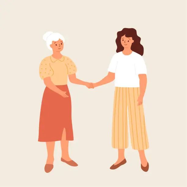 Vector illustration of Elderly woman and young girl are holding hands.