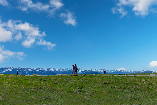 Port Angeles, WA, USA-July 2022; People walking near Hurricane Ridge Visitor Center with panoramic view on the snow topped mountainous area in Olympic National Park against a white clouded blue sky
