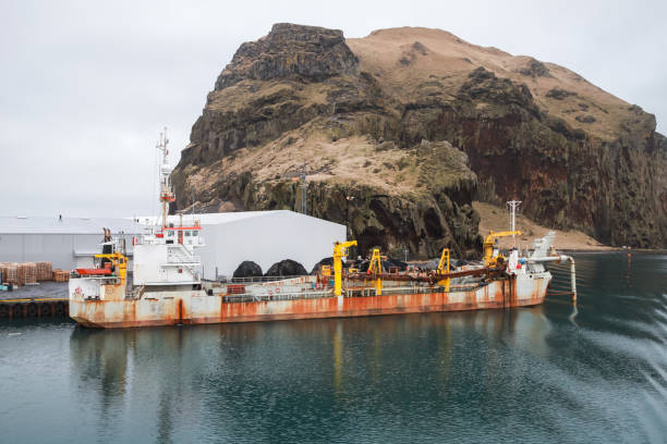 el buque hopper dredger está amarrado en el puerto de vestmannaeyjar - rocky mountian fotografías e imágenes de stock