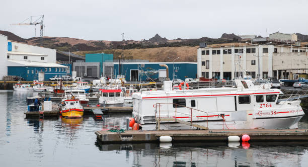 puerto de vestmannaeyjar vista de la isla con barcos de pesca - rocky mountian fotografías e imágenes de stock