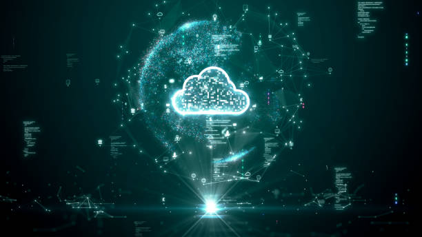 koncepcja technologii chmury lub edge computingu, która obsługuje przechowywanie dużych baz danych z całego świata. system bezpieczeństwa danych.polygons biała ikona chmury na ciemnozielonym tle. - chmura zdjęcia i obrazy z banku zdjęć