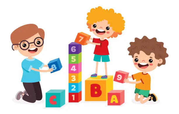 Vector illustration of Kids Playing With Building Blocks