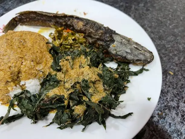 Photo of A plate of Nasi Padang with fried cat fish and chili paste