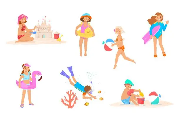Vector illustration of Active summer games for children on the beach by the sea, in the pool. Set with children in swimsuits.