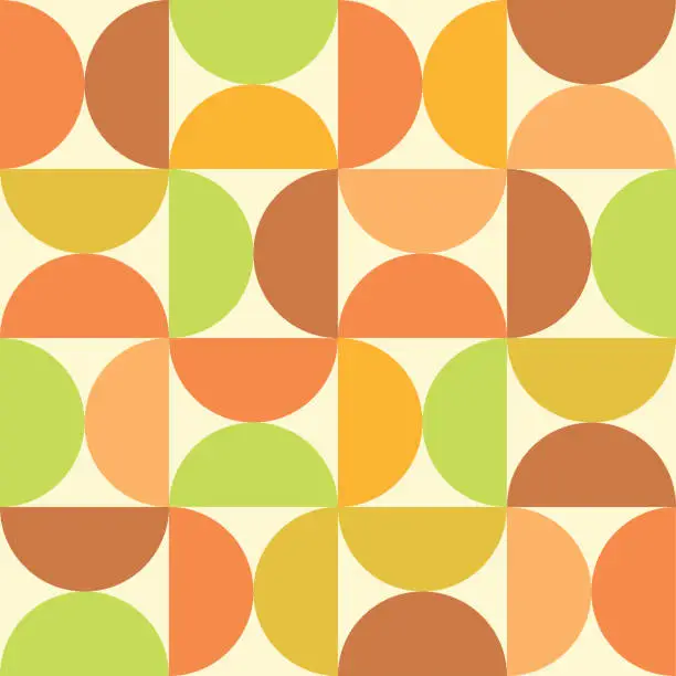 Vector illustration of Mid century modern half circles in orange, lime green , brown, yellow and green seamless pattern