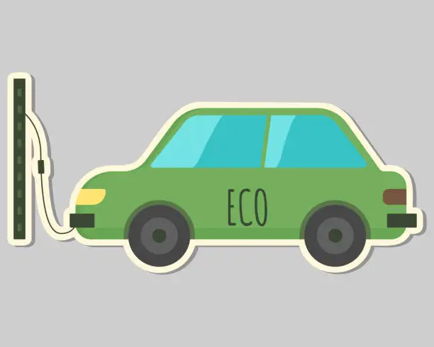 Vector illustration of Ecology sticker with electric car. Love our earth, save planet. Eco labels. Care for nature