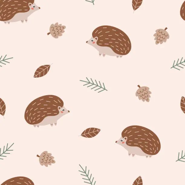 Vector illustration of Fall seamless pattern with cute hedgehog, leaves, pine and cone. Autumn or woodland theme wallpaper. Suitable for decorating kids' projects.
