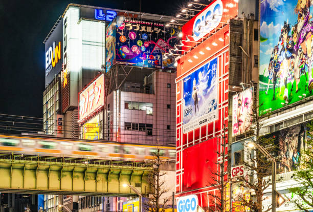 Tokyo, Japan - Motion blur as a train passes multiple illuminated billboards at night, with advertising for products including technology and manga brands.