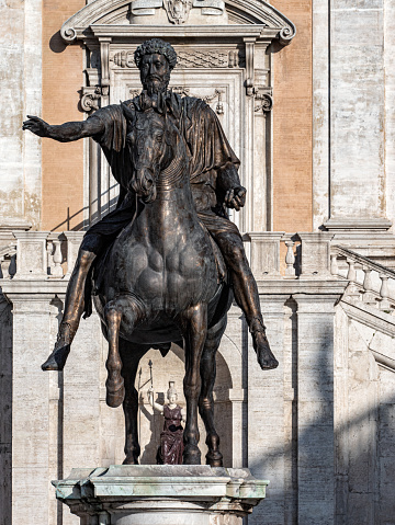 The Equestrian Statue of Marcus Aurelius is an ancient Roman equestrian statue  erected around 175 AD on the Capitoline Hill, Rome This replica is placed in the piazza del Campidoglio