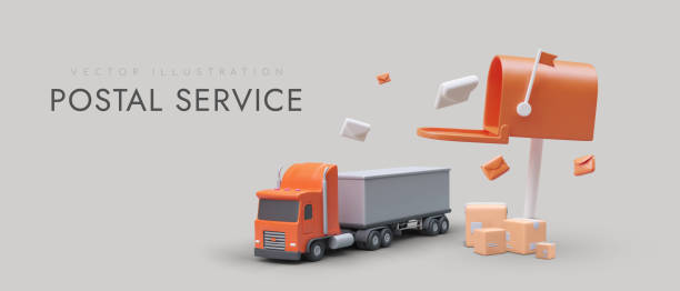 istock Realistic 3d truck standing near open mailbox and parcels. Goods delivery to different places 1500309922