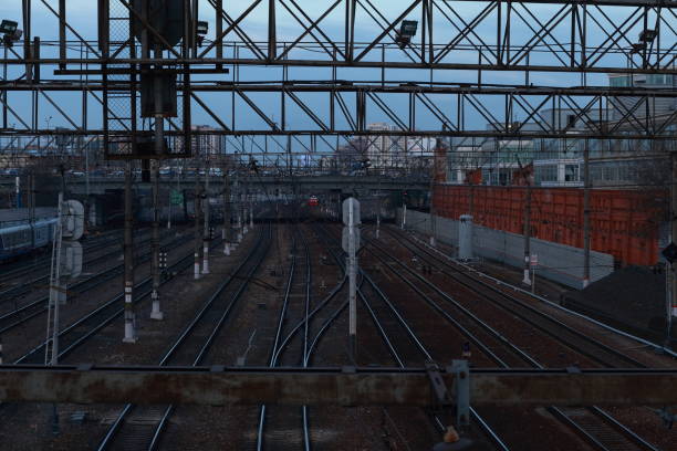 istock Complex railway station. Railway tracks stretching into the distance. 1500310092