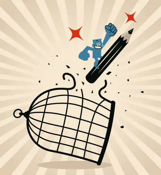 Vector illustration of A smiling blue man wielding a large pencil breaks through the cage