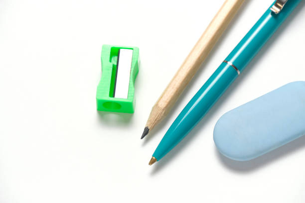 istock Simple pencil, sharpener, ballpoint pen and eraser white background. 1500310378