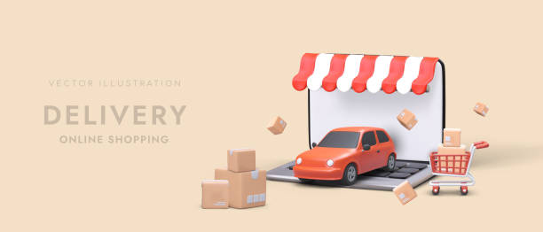 istock 3d laptop, car with cart and boxes. Web page for online shopping company 1500312456
