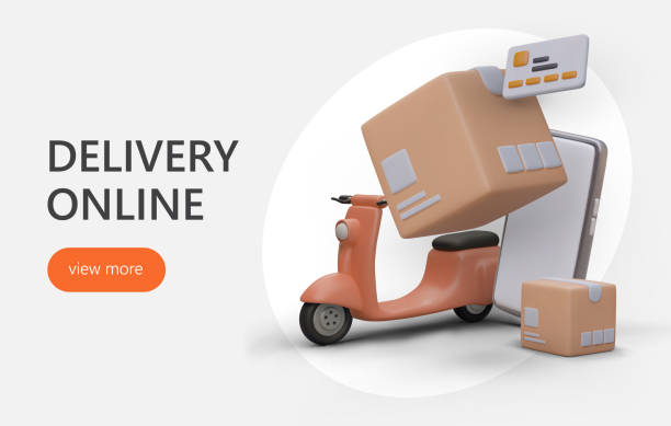 istock Web page with realistic 3d cartoon scooter, smartphone and carton boxes 1500312566