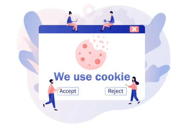 Vector illustration of We use cookies policy notification pop up. Protection of personal information cookie. Confidential Information. Modern flat cartoon style. Vector illustration on white background