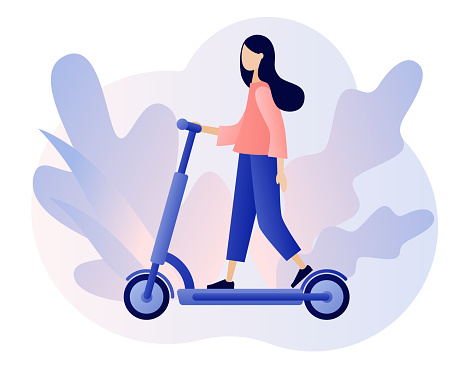 Electric scooter rental concept. Tiny woman ridу electric scooter. Ecological transport. Urban transportation. Modern lifestyle. Modern flat cartoon style. Vector illustration