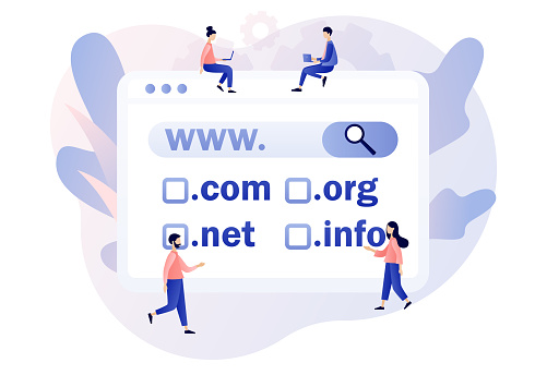 Domain registration concept. Online hosting service. Tiny people choose, find, purchase, register website domain name. Modern flat cartoon style. Vector illustration