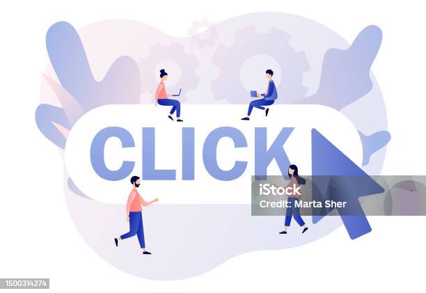 People Click Click Here Button Tiny People With Huge Mouse Arrow Click Cursor ...