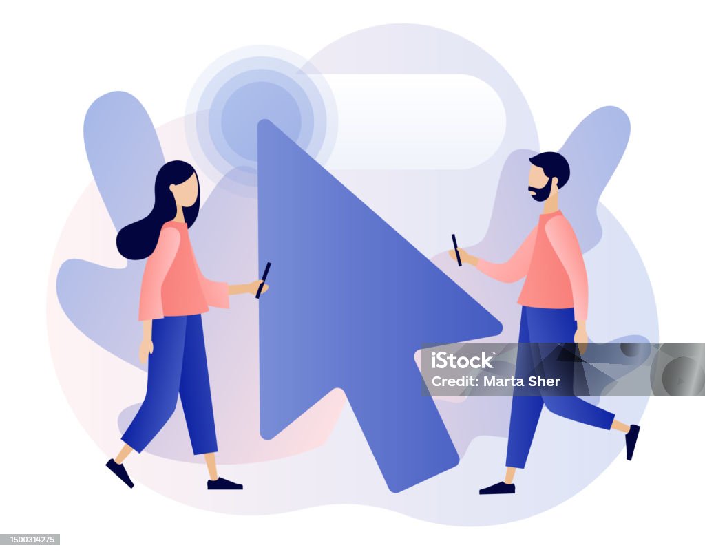 Cursor Pointer Sign Click Here Button Tiny People With Huge Mouse Arrow ...