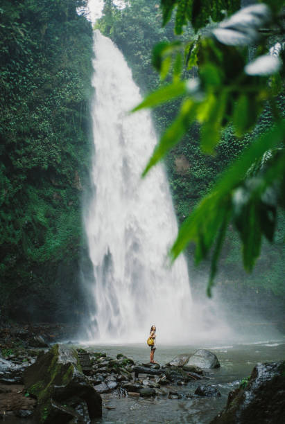 istock Woman standing near refreshing waterfall on Bali 1500314898