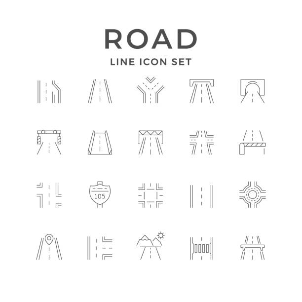 ilustraciones, imágenes clip art, dibujos animados e iconos de stock de establecer iconos de línea de carretera - avenue