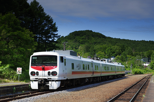 Otaru-city, Hokkaido, Japan - June 20, 2023 : KIYA 193 Inspection train leaving at the Shioya station